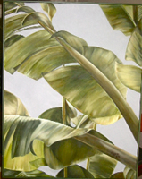 painting of light shinning through banana leaves