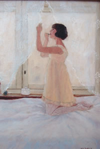 painting of girl surrounded by lace putting on lipstick