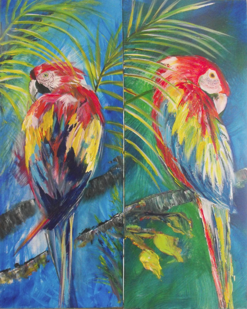 two parrots painted on seperate canvas, but look like one picture