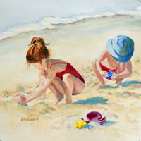 painting of 2 children playing in the sand