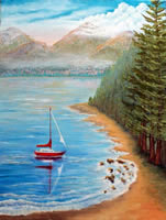 Red sail boat near shore